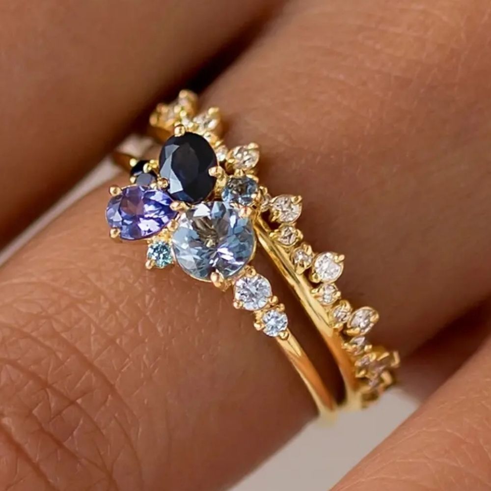 Elegant colorful stack diamond wedding Ring set sz 6